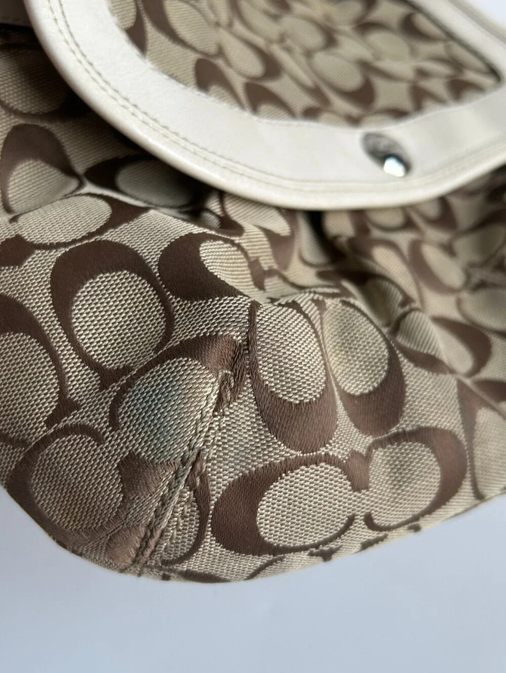 Coach Soho Signature Flap Shoulder Bag Khaki Canvas White Leather Trim